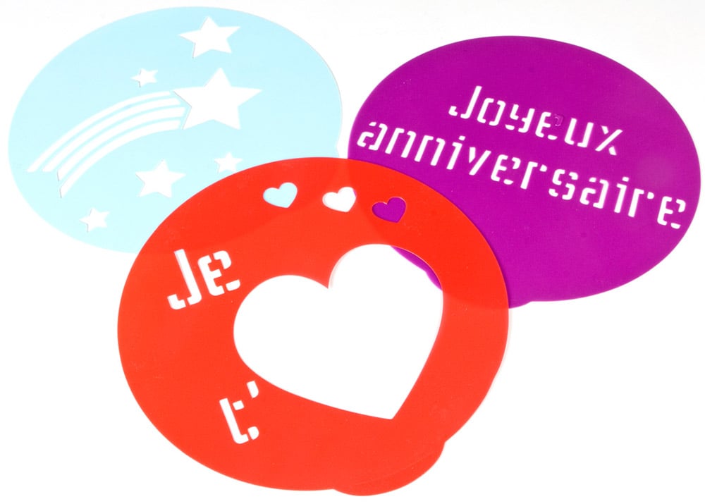 3 Pochoirs pour décoration culinaire anniversaire et amour
